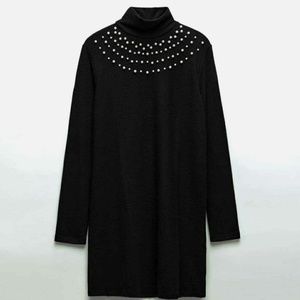 ZARA Faux Pearl Mini Sweater Knit Dress